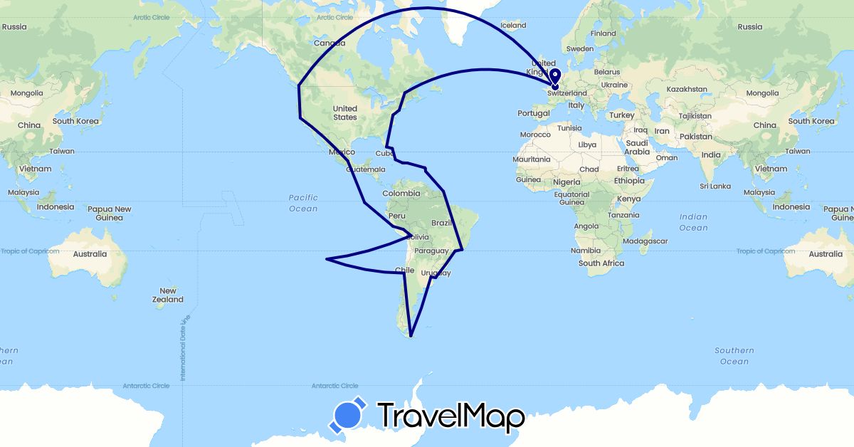 TravelMap itinerary: driving in Argentina, Bolivia, Brazil, Bahamas, Canada, Chile, Cuba, Dominican Republic, Ecuador, France, Haiti, Mexico, Peru, United States, Uruguay (Europe, North America, South America)