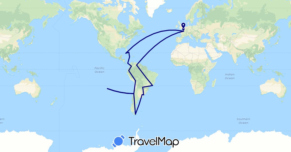 TravelMap itinerary: driving in Argentina, Bolivia, Brazil, Bahamas, Chile, Colombia, Cuba, Ecuador, France, Jamaica, Panama, Paraguay, Uruguay, Venezuela (Europe, North America, South America)